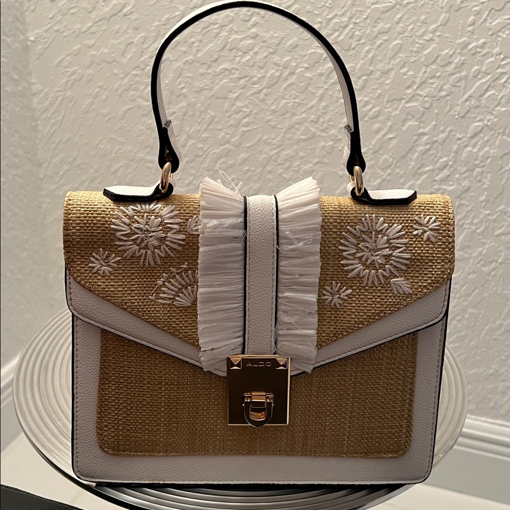 ALDO NWOT WHITE ADORNED WITH RAFFIA TYPE LOOK SATCHEL/CROSSBODY BAG - Picture 2 of 13